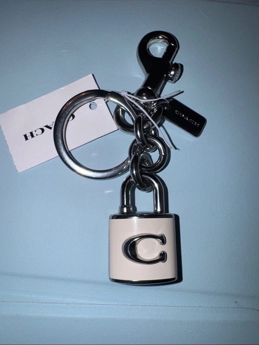Coach White Enamel Padlock Charm -Key Ring with Silver Hardware